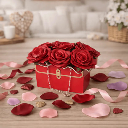 Sac garni de roses en satin – coffret cadeau floral fait main – Les Créations des A