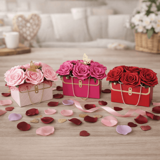 Sac garni de roses en satin – coffret cadeau floral fait main – Les Créations des A