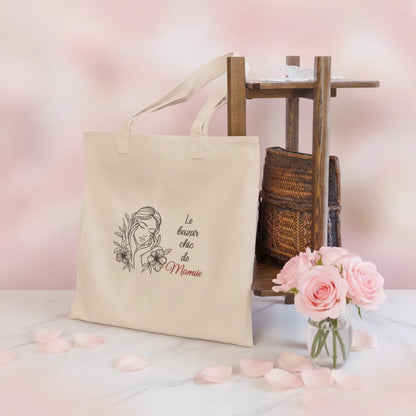 Tote bag naturel "Le bazar chic de Maman" avec roses roses – idée cadeau personnalisé - Les Créations des A