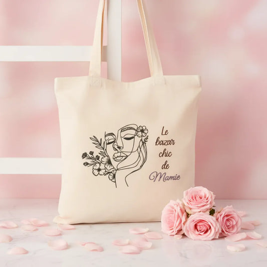 Tote bag "Le bazar chic de Mamie" personnalisé avec illustration florale – cadeau fête des mères - Les Créations des A