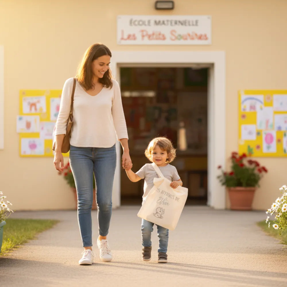 Maman et enfant se dirigeant vers la maternelle avec tote bag "Les affaires de Ethan" – cadeau naissance garçon - Les Créations des A