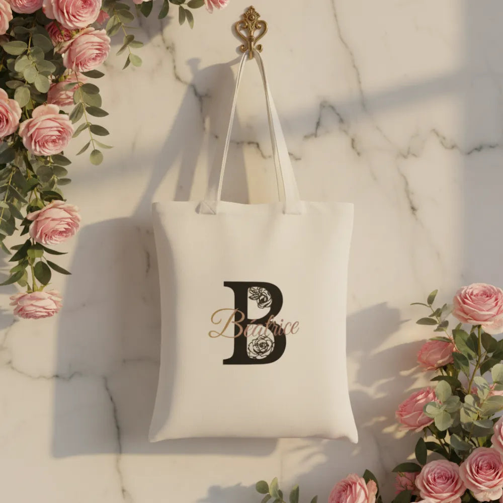 Tote bag blanc avec initiale "B" florale et prénom Béatrice, roses roses – cadeau personnalisé femme- Les Créations des A