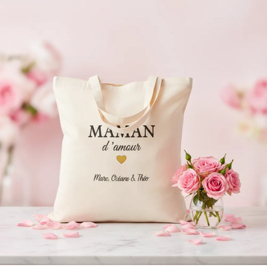 Tote bag "Maman d'amour" personnalisé avec prénoms – cadeau fête des mères original - Les Créations des A