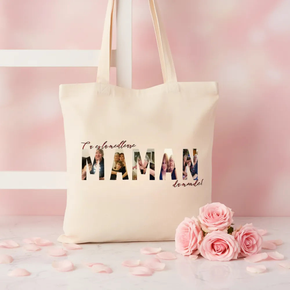 Tote bag "Tu es la meilleure Maman du monde" avec photos dans les lettres, roses roses – cadeau fête des mères personnalisé - Les Créations des A