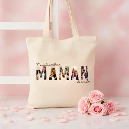 Tote bag "Tu es la meilleure Maman du monde" avec photos dans les lettres, roses roses – cadeau fête des mères personnalisé - Les Créations des A