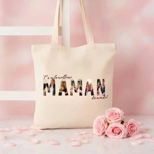 Tote bag "Tu es la meilleure Maman du monde" avec photos dans les lettres, roses roses – cadeau fête des mères personnalisé - Les Créations des A