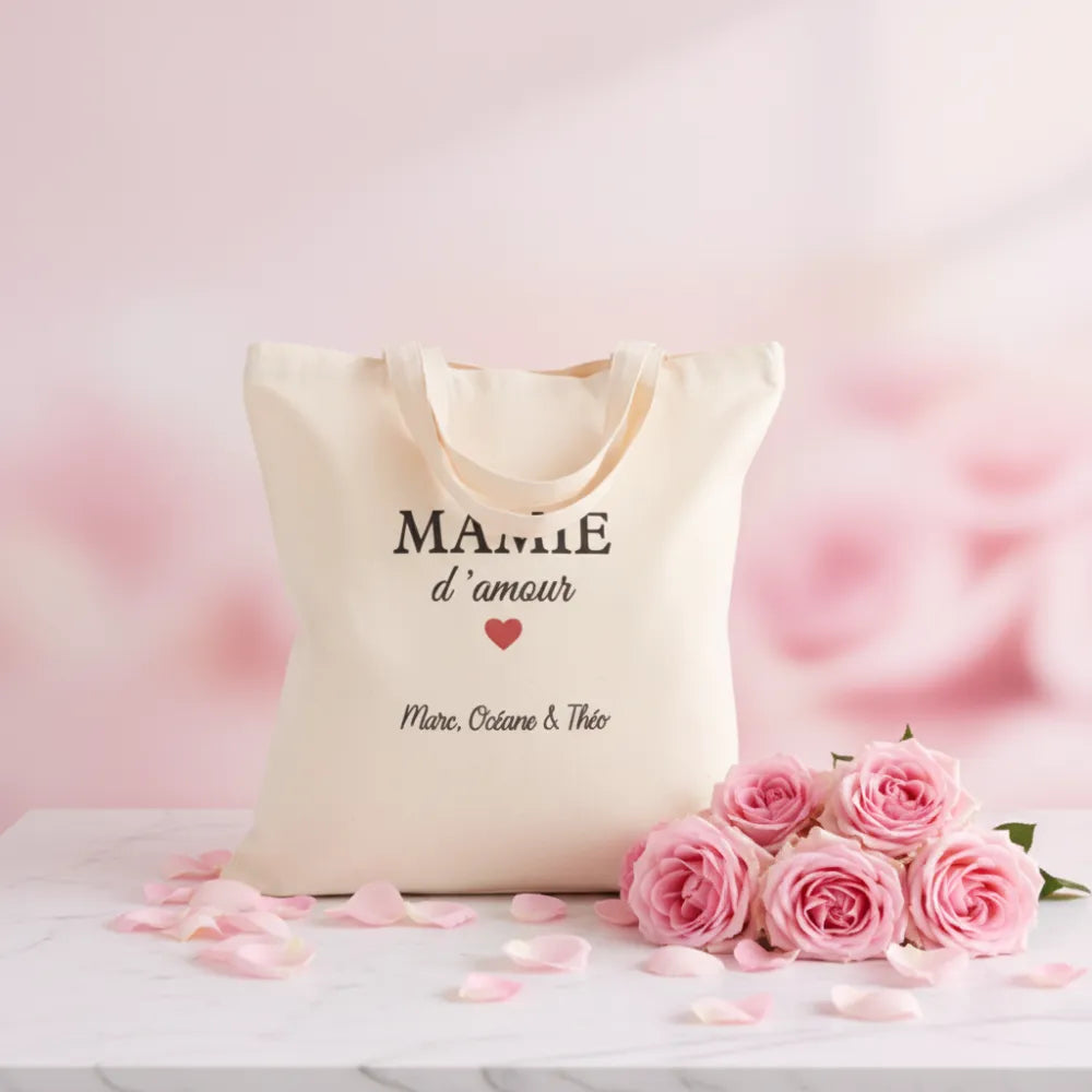 Tote bag "Mamie d'amour" personnalisé avec prénoms des petits-enfants – cadeau grand-mère - Les Créations des A