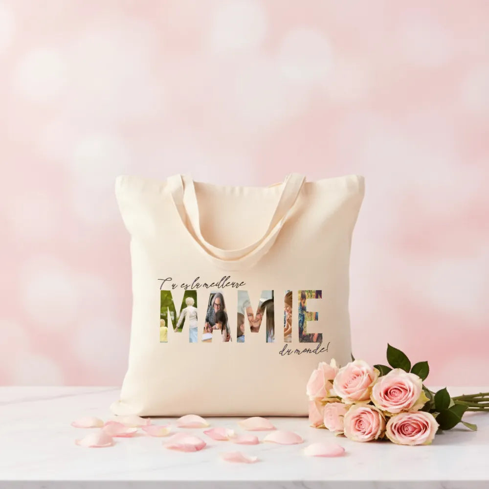 Tote bag "Tu es la meillure Mamie du monde" avec photos de famille dans les lettres – cadeau grand-mère personnalisé - Les Créations des A