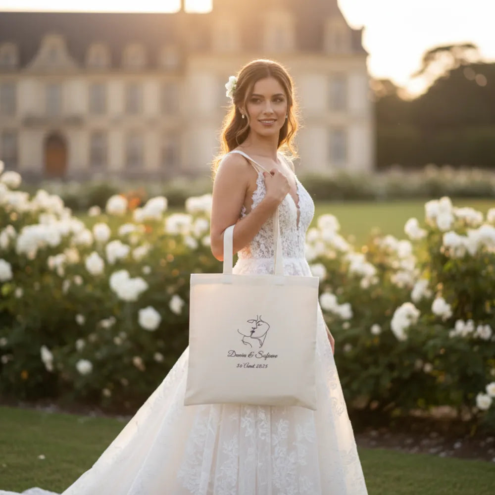 Mariée tenant un tote bag naturel personnalisé dans un jardin fleuri – cadeau mariage élégant - Les Créations des A