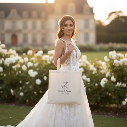Mariée tenant un tote bag naturel personnalisé dans un jardin fleuri – cadeau mariage élégant - Les Créations des A