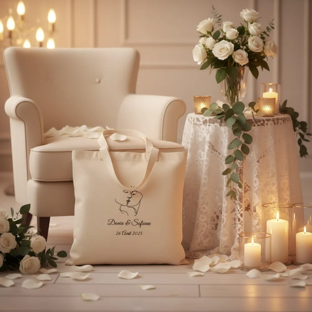 Tote bag naturel personnalisé mariage avec roses blanches et bougies – cadeau invité mariage - Les Créations des A
