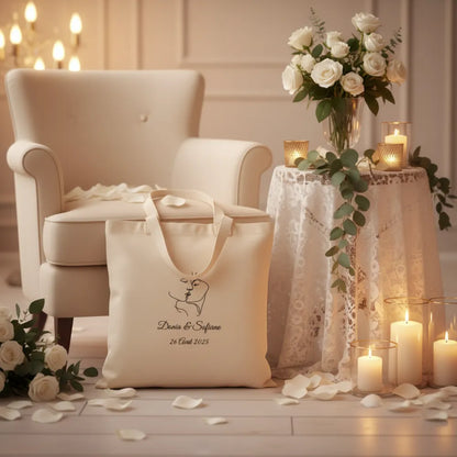 Tote bag naturel personnalisé mariage avec roses blanches et bougies – cadeau invité mariage - Les Créations des A