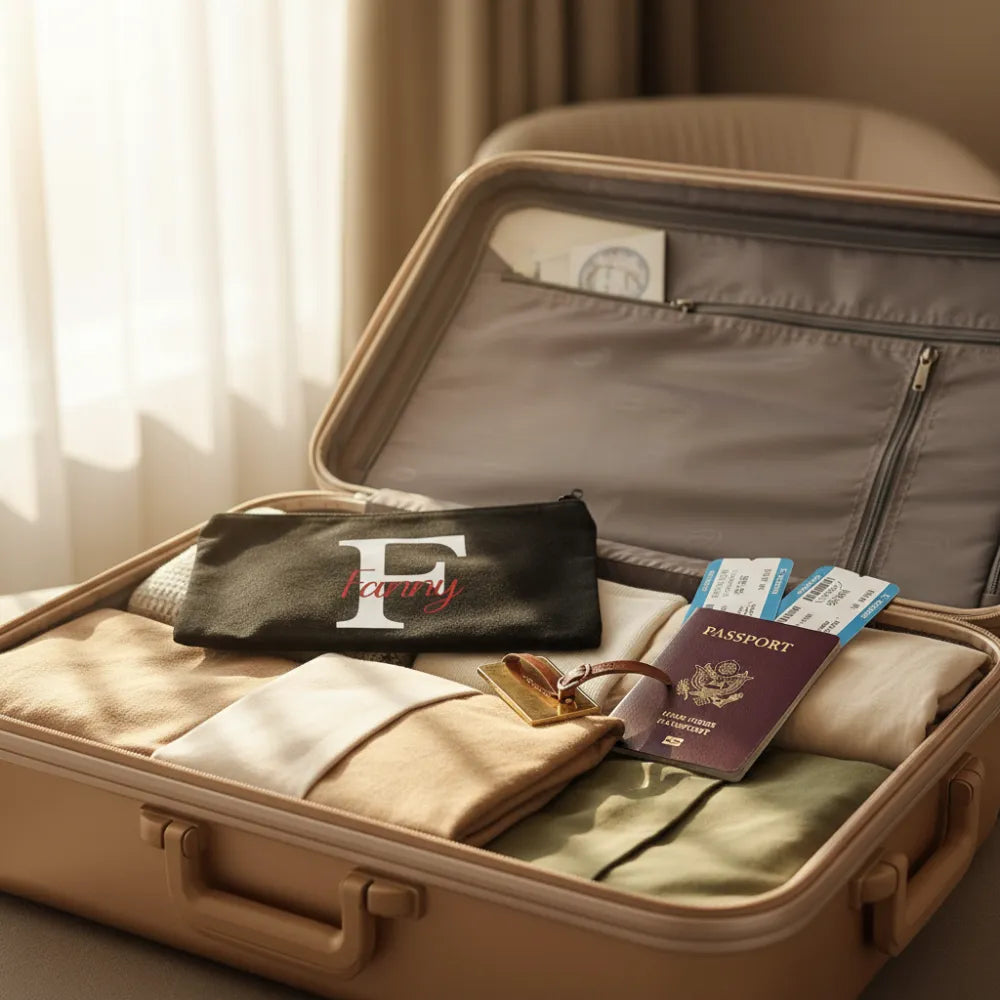 Trousse noire personnalisée lettre F prénom Fanny dans une valise ouverte avec passeport et cartes d'embarquement, idée cadeau voyage - Les Créations des A