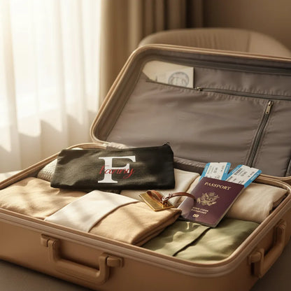 Trousse noire personnalisée lettre F prénom Fanny dans une valise ouverte avec passeport et cartes d'embarquement, idée cadeau voyage - Les Créations des A