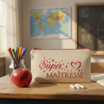 Trousse "Super Maîtresse" posée sur un bureau de classe avec pomme rouge et crayons de couleur – Idée cadeau fin d'année maîtresse – Les Créations des A